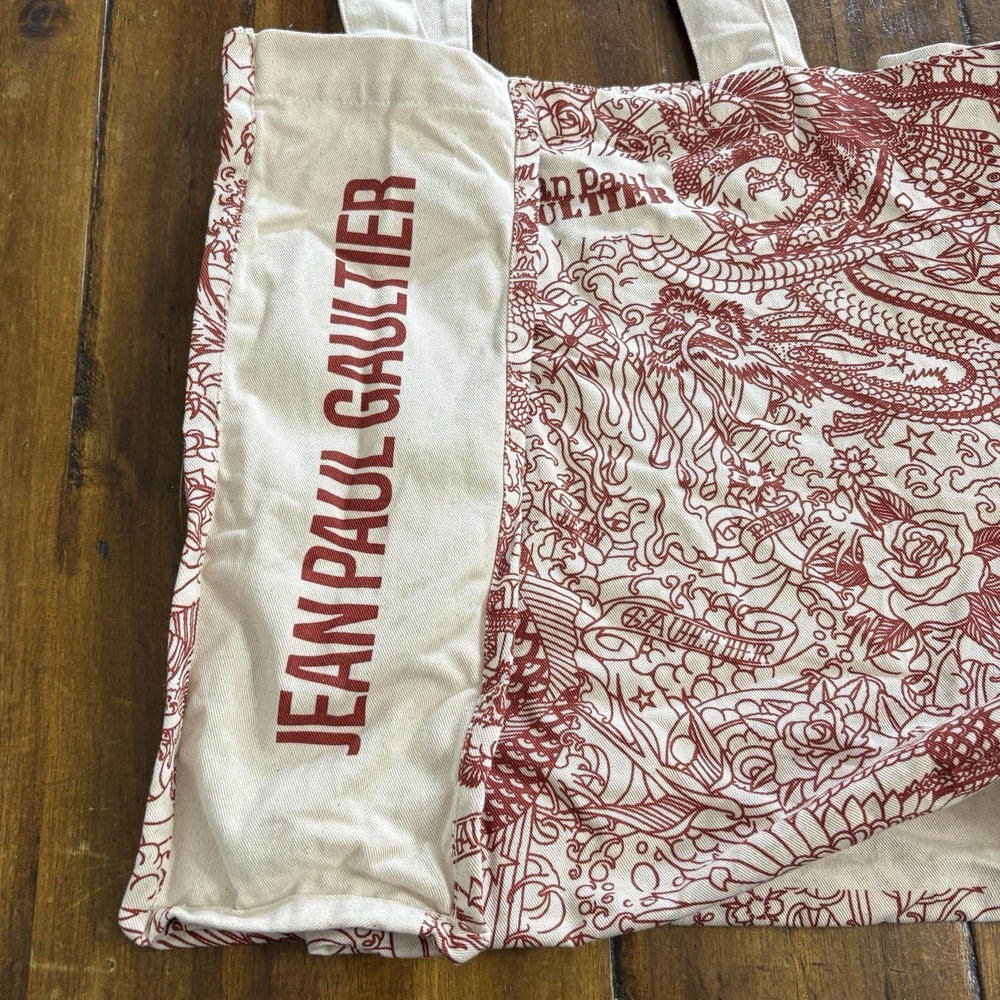 Jean Paul Gaultier Tattoo Style Tote Bag Red & Beige Canvas Shoulder Woven - Picture 5 of 12